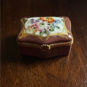 Limoge Brown Floral Embroidered Trinket Box with Gold Trim